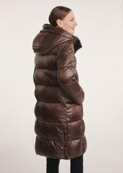 Brown long winter women's jacket KURDT-0531-89(Z25) - side view of the product on a model on a white background. Half of the silhouette visible.