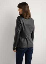 Women's black leather jacket KURDS-0445-99(W26), back view of the product on the model. Half of the silhouette visible.