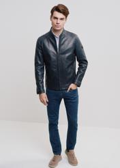 Men's navy blue leather jacket KURMS-0329-1356(W24)-04