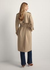 Long beige women's coat KURDT-0512-1C(W26), product view from the back on the model. Full body visible.