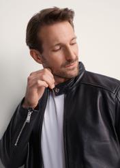 Men's leather jacket with stand-up collar KURMS-0298L-1040(KS), close-up of the product detail on the model.