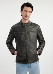 Dark brown men's leather jacket KURMS-0326-1364(W25) - front view on model on white background. Half of the silhouette visible.
