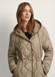 Dark beige women's quilted jacket KURDT-0654-1B(W26), front view of the product on the model. Half of the silhouette visible.