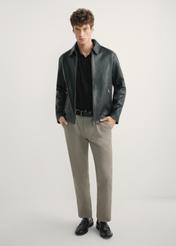 Men's black leather jacket KURMS-0363-99(W26), front product view on model. Full body visible.
