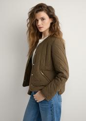 Women's brown quilted jacket KURDT-0620-1H(W26), side view of the product on the model. Half of the silhouette visible.