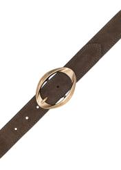 Olive suede women's belt PASDS-0318-57(Z25), product view with buckle on white background.
