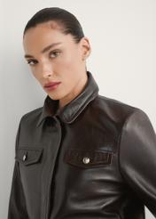 Dark brown women's leather jacket KURDS-0589-1I(W26), close-up of the product detail on the model's silhouette.