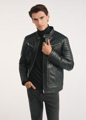 Black men's leather jacket KURMS-0382-1283(Z25), product visible from the front on the model, half of the silhouette visible.