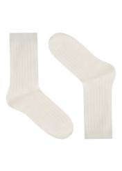 Women's white ribbed long socks SKADT-0072-0B(W26), side product view on white background.