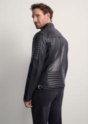 Men's leather biker jacket KURMS-0179L-5427(KS), rear view of the product on the model. Half of the silhouette visible.