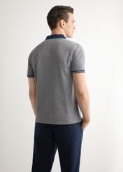 Men's navy blue polo shirt POLMT-0068-7E(W26), back view of the product on the model. Half of the silhouette visible.