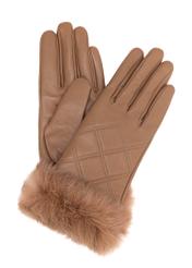 Women's leather gloves with rabbit fur REKDS-0071A-81(Z25), front product view on white background.