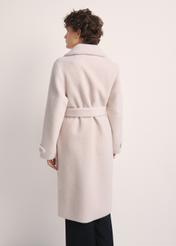 Long woolen fur coat in cream color FUTDW-0019A-12(Z25) - product view from the back on a white background. The whole silhouette is visible.