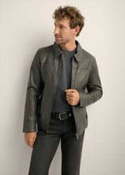Men's graphite leather jacket KURMS-0419-9D(Z26). Front view of the product on a model. Half of the silhouette is visible. 