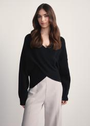Black women's viscose sweater SWEDT-0240-99(Z25), front view of the product on the model. Half of the silhouette visible.