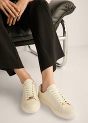 Cream leather women's sneakers BUTYD-1068-0B(Z26), front view of the product on the model's feet.
