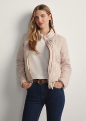 Beige women's quilted jacket KURDT-0658-1A(W26), front view of the unbuttoned product on the model. Half of the silhouette visible.