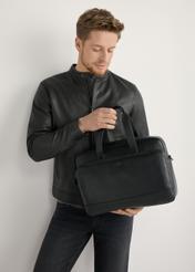 Black men's leather bag TORMS-0488R-9I(W26), front view of the product on the model, half of the silhouette visible.