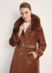 Long women's fur coat in camel color FUTDW-0031-24(Z25), product view from the front on the model, half of the silhouette visible.