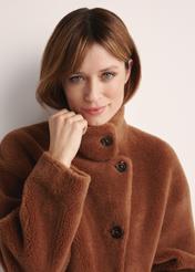 Brown women's fur coat FUTDP-0033-24(Z 25), close-up of the product detail on the model.