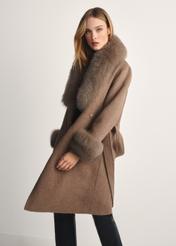 Long woolen women's fur coat in camel color FUTDF-0112-3181(Z25) - front view of the product on the model on white. Visible silhouette to the knee.