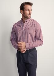 Men's burgundy checkered shirt KOSMT-0345-49(Z25), front view of the product on the model, half of the silhouette visible.
