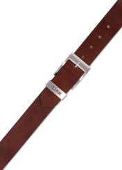 Men's cognac-colored leather belt PASMS-0127-1F(Z26), top view on a white background.