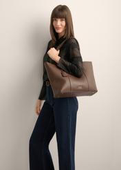 Women's brown shopper bag TOREC-1241-1H(Z26), product view on model's shoulder. Half of silhouette visible.