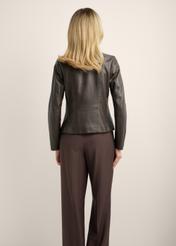 Brown women's leather jacket KURDS-0621-1I(KS), back view of the product on the model. Half of the silhouette visible.