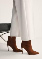 Brown suede high heel ankle boots BUTYD-1207-88(Z25), side view of the product on the model's feet against a light background.