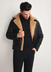 Dark brown men's sheepskin coat KOZMP-0002-90(Z25), front view of the product on the model, half of the silhouette visible.