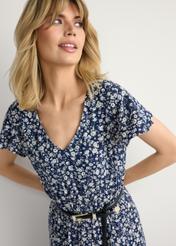 Blue floral midi dress SUKDT-0267-7P(W26), close-up of the product on the model's silhouette.