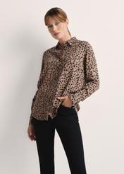 Dark beige women's shirt KOSDT-0173-24(Z25), front view of the product on the model, half of the silhouette visible.
