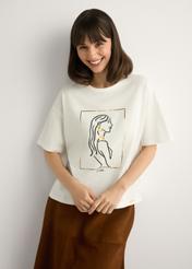 Women's white T-shirt with print TSHDT-0153-0B(W26), front view of the product on the model. Half of the silhouette visible.