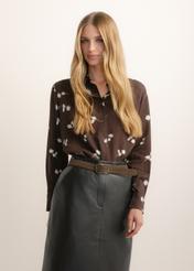 Women's brown floral shirt KOSDT-0173-1P(Z26), front view of the product on the model. Half of the silhouette visible.