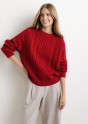 Dark red women's sweater SWEDT-0277-4C(Z26), front view of the product on the model. Half of the silhouette visible.