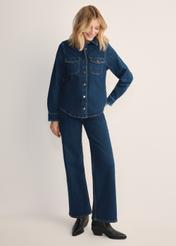 Navy blue denim women's shirt KOSDT-0170-69(Z25), front view of the product on the model. Full body visible.