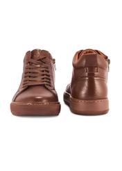 Brown men's leather sneakers BUTYM-0466-89(Z25) - front and back product view on white background.
