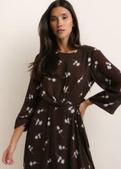 Brown floral midi dress SUKDT-0291-1P(Z26), front view of the product on the model. Half of the silhouette visible.