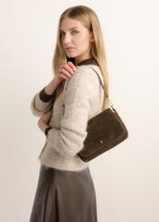 Women's brown suede messenger bag TORES-1388-1I(Z26), front view of the product on the model's shoulder.