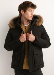 Men's black winter jacket KURMT-0434-99(Z26), front view on a model. Half-body shot.