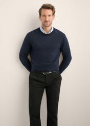 Dark navy blue wool men's sweater SWEMT-0200-7E(Z26), front product view on model. Half of the silhouette visible.