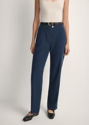 Navy blue elegant women's trousers SPODT-0106A-7E(W26), product view from the front on the model, half of the silhouette visible.