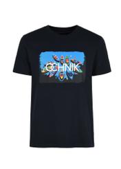 Navy blue T-shirt with colorful print for men TSHMT-0105-69(W24)-03