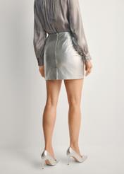 Silver leather mini skirt SPCDS-0080-3208(Z25), back view of the product on the model. Half of the silhouette visible.