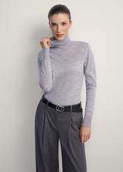 Women's gray wool turtleneck sweater SWEDT-0255-91(Z25), front view of the product on the model, half of the silhouette visible.