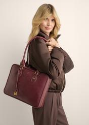 Burgundy leather women's bag TORES-1370-4D(Z26), diagonal view of the product on the model. Half of the silhouette visible.