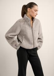 Short gray women's fur coat FUTDP-0083-9B(Z26) product view from the front on the model, half of the silhouette visible.
