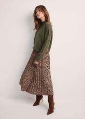 Dark beige pleated women's skirt SPCDT-0116-86(Z25), product view on model. Full silhouette visible.