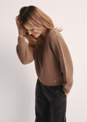 Women's camel V-neck sweater SWEDT-0162-83(Z24), product view from the side on the model, half of the silhouette visible.